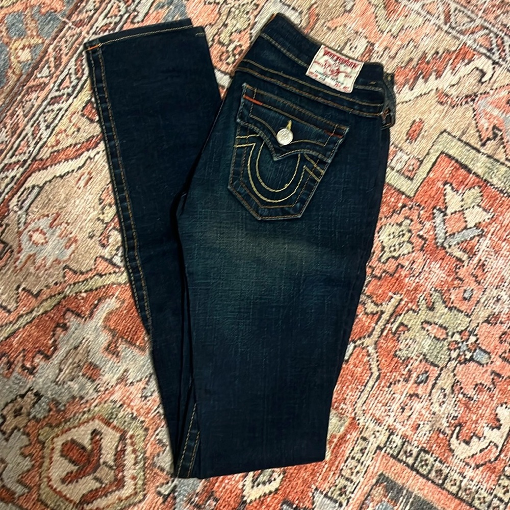 True Religion - Julie Jeans. Ultra low rise, skinny. Size 26. 33 inch inseam.